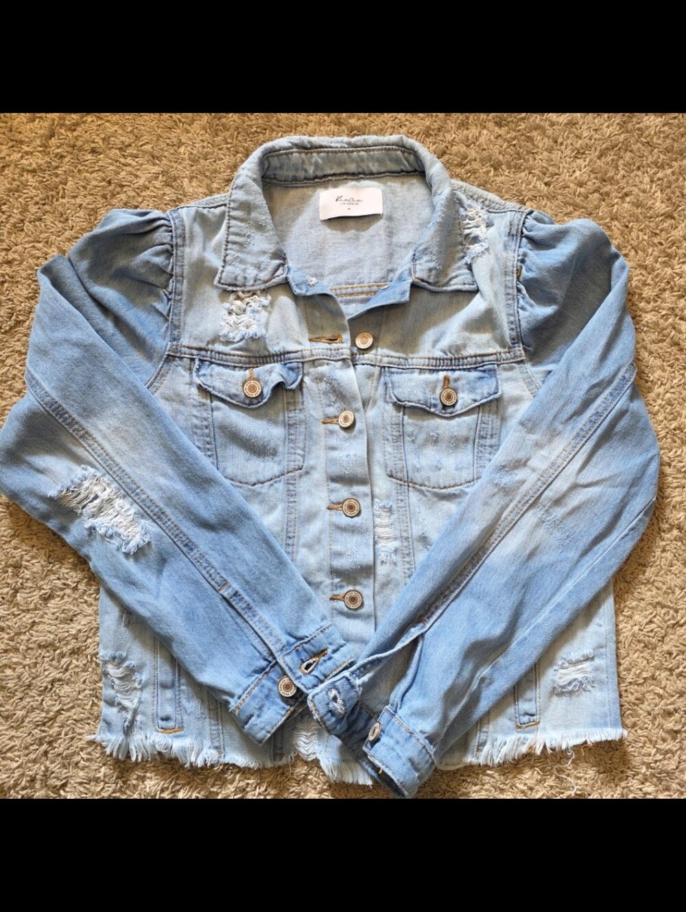 KanCan Los Angeles Distressed Puff Sleeve Denim Jacket Light Wash Medium